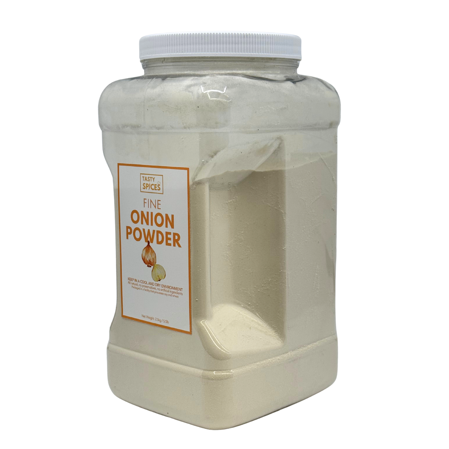 Container of onion powder with a label on a white background