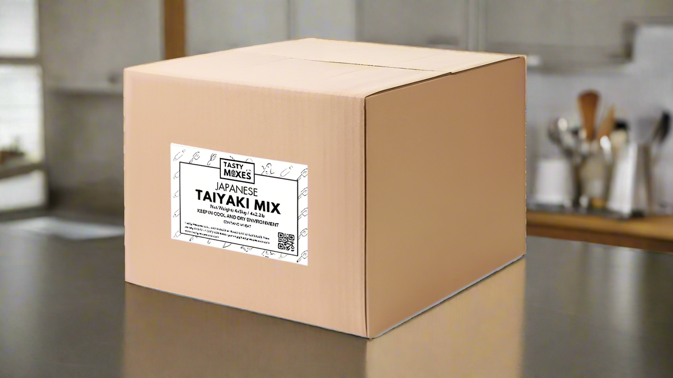A craft box containing 4 bags of 5kg (11lb) of dry blend used to make taiyaki (Japanese fish cakes)
