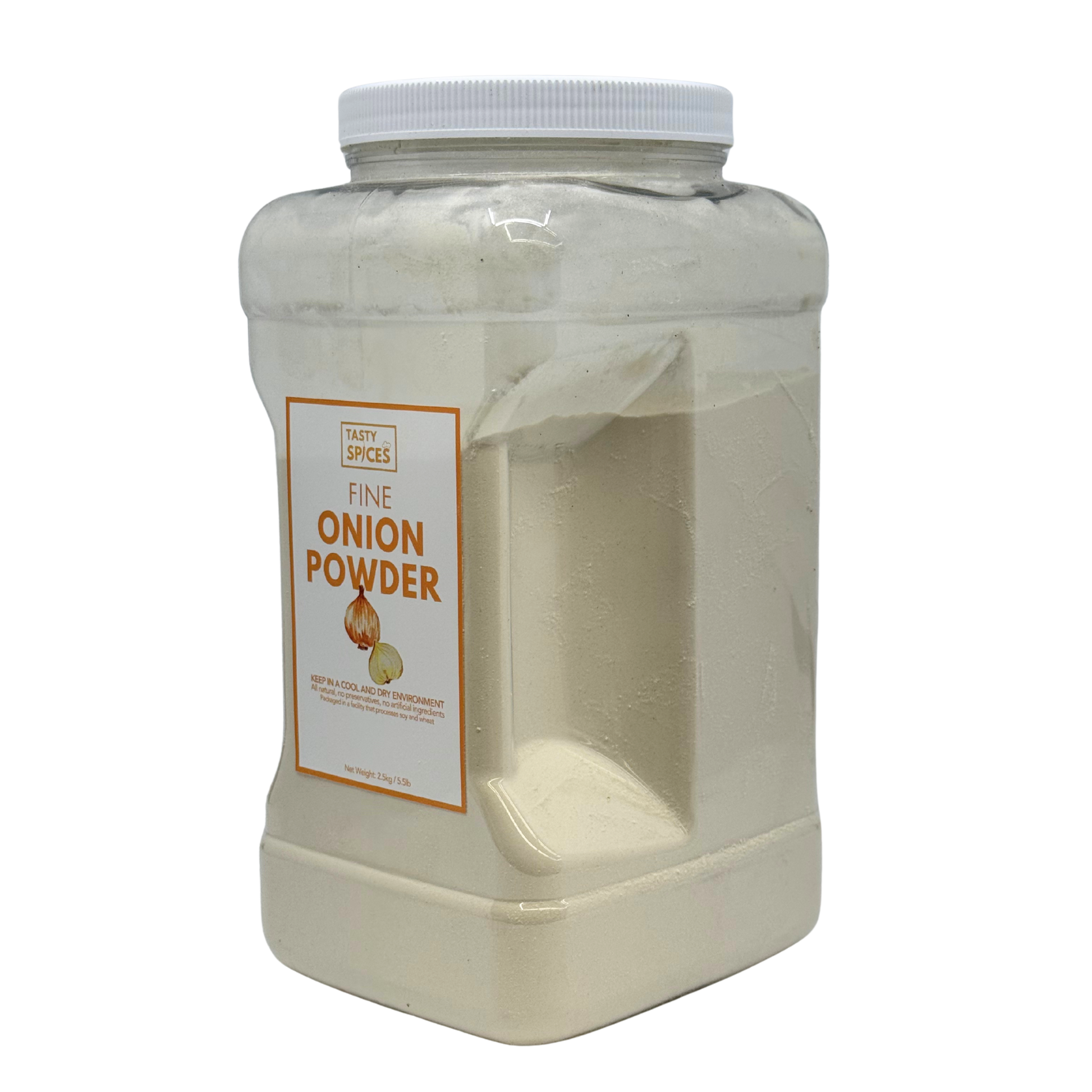 Container of onion powder with a label on a white background