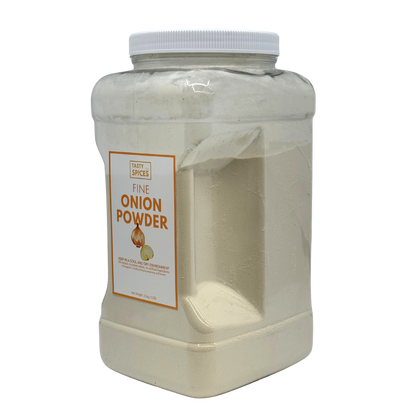 Container of onion powder with a label on a white background