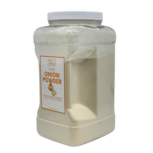 Container of onion powder with a label on a white background